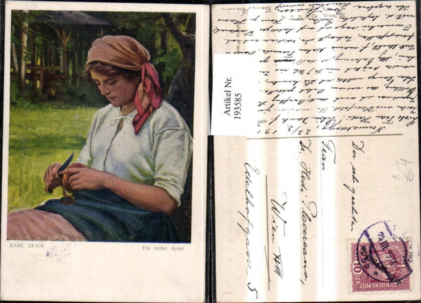 193585,Künstler Ak Karl Zewy Ein reifer Apfel Frau b. Apfelschälen Apfel Messer