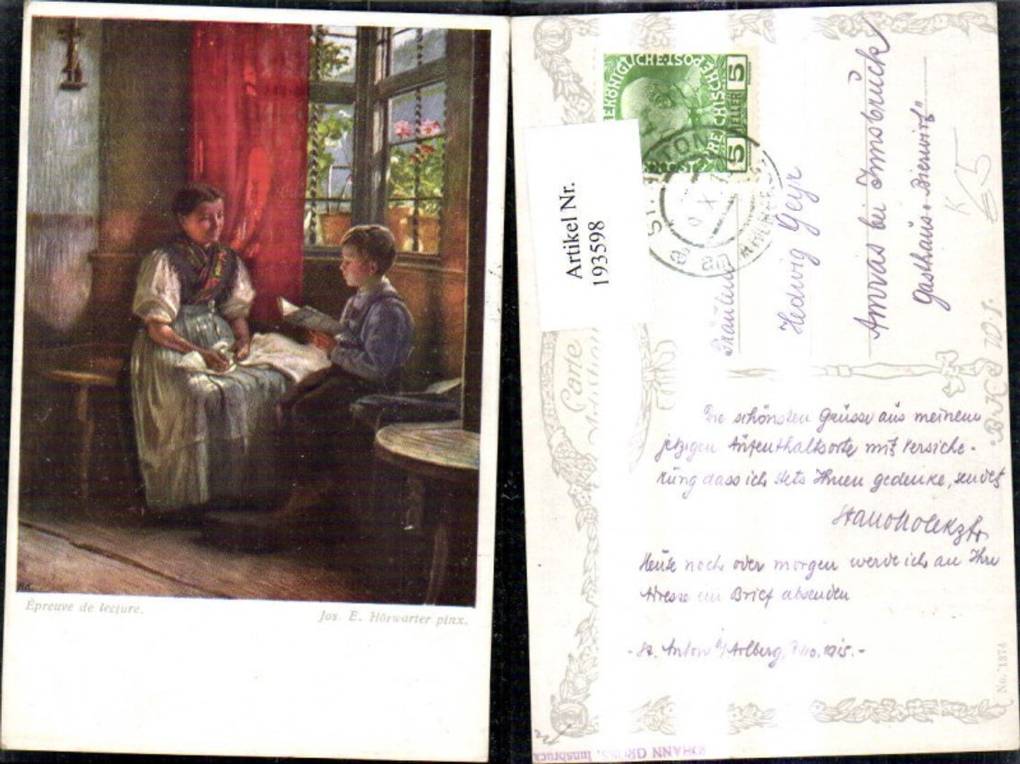 193598,Künstler Ak Jos. E. Hörwater Epreuve de lecture Frau Junge Bub b. Fenster b. Lesen Buch