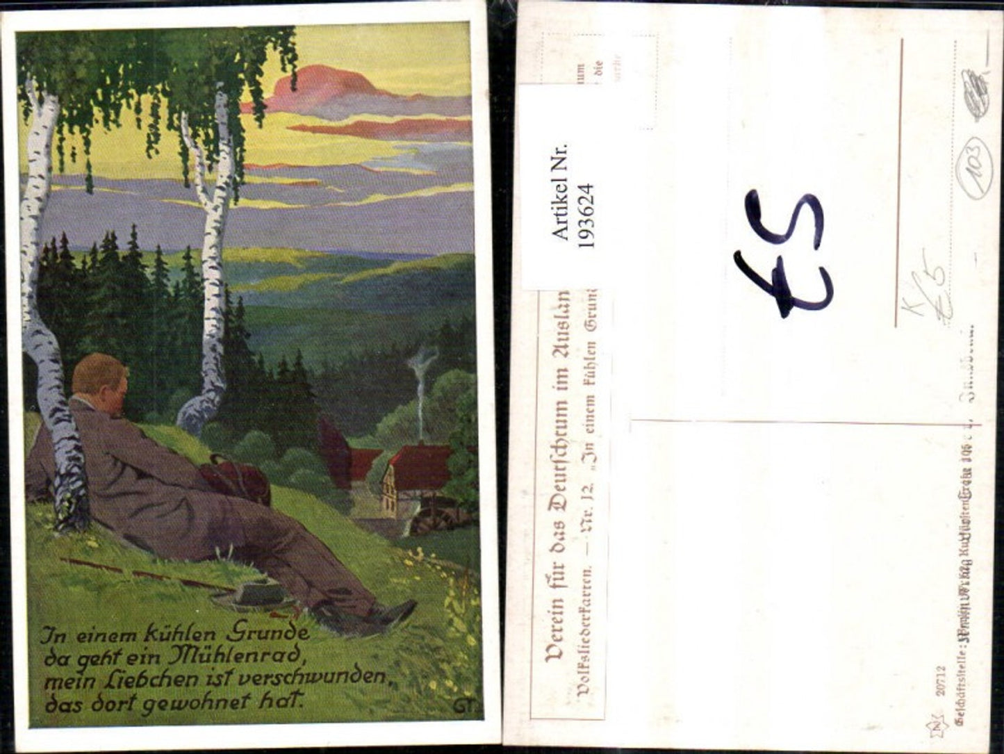 193624, Artist Ak Folk Song Card 12 In a cool valley GT Man under birches b. Rest Walking stick Hat Saying Tex