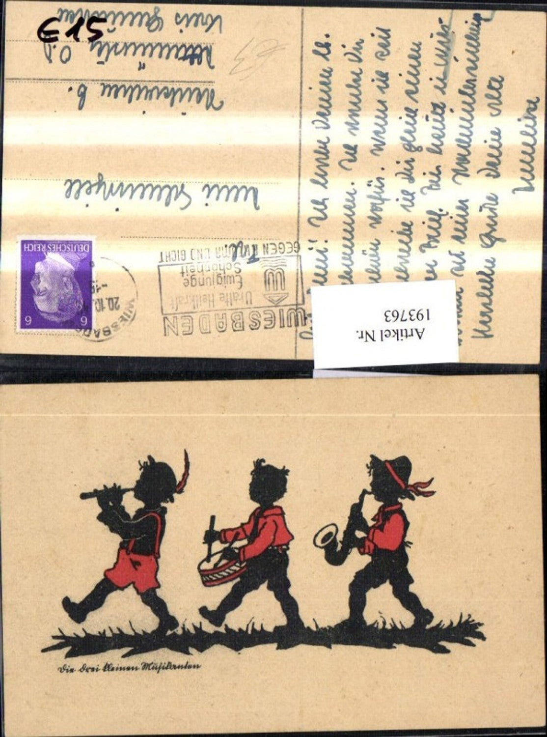 193763,Scherenschnitt Silhouette Kinder m. Hüten Saxophon Trommel Flöte