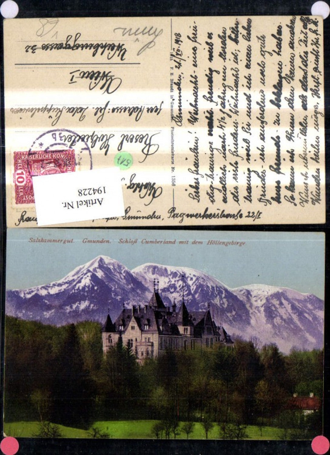 194228,Gmunden Schloß Cumberland m. d. Höllengebirge Salzkammergut pub F. E. Brandt 1356