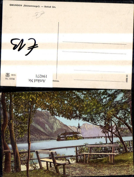 194271,Gmunden Schloss Ort Salzkammergut Traunsee Ansicht m. Bank Ufer i. Vordergrund