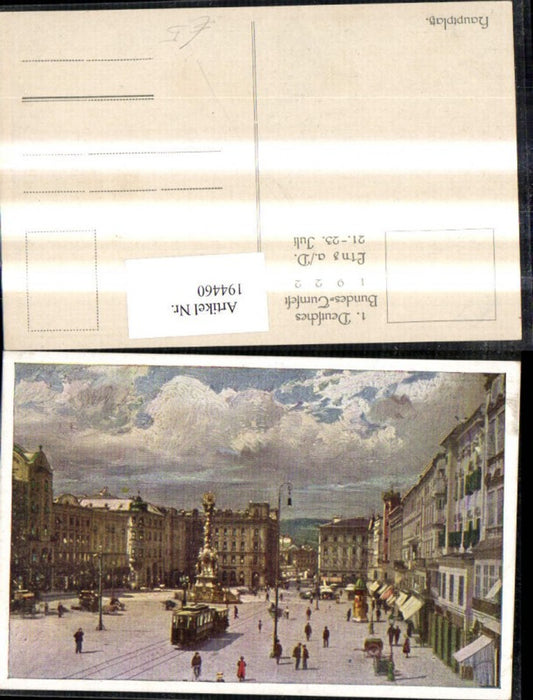 194460,Linz Hauptplatz Straßenbahn Dreifaltigkeitssäule pub Deutsches Bundes-Turnfest