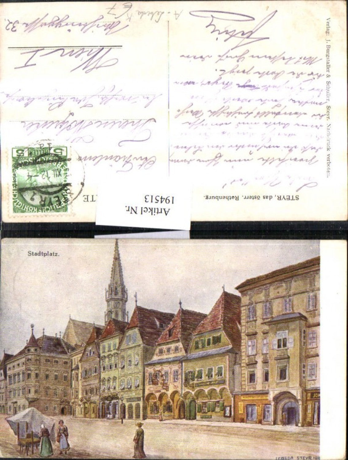 194513,Künstler AK A. Lebeda Steyr Stadtplatz Straßenansicht