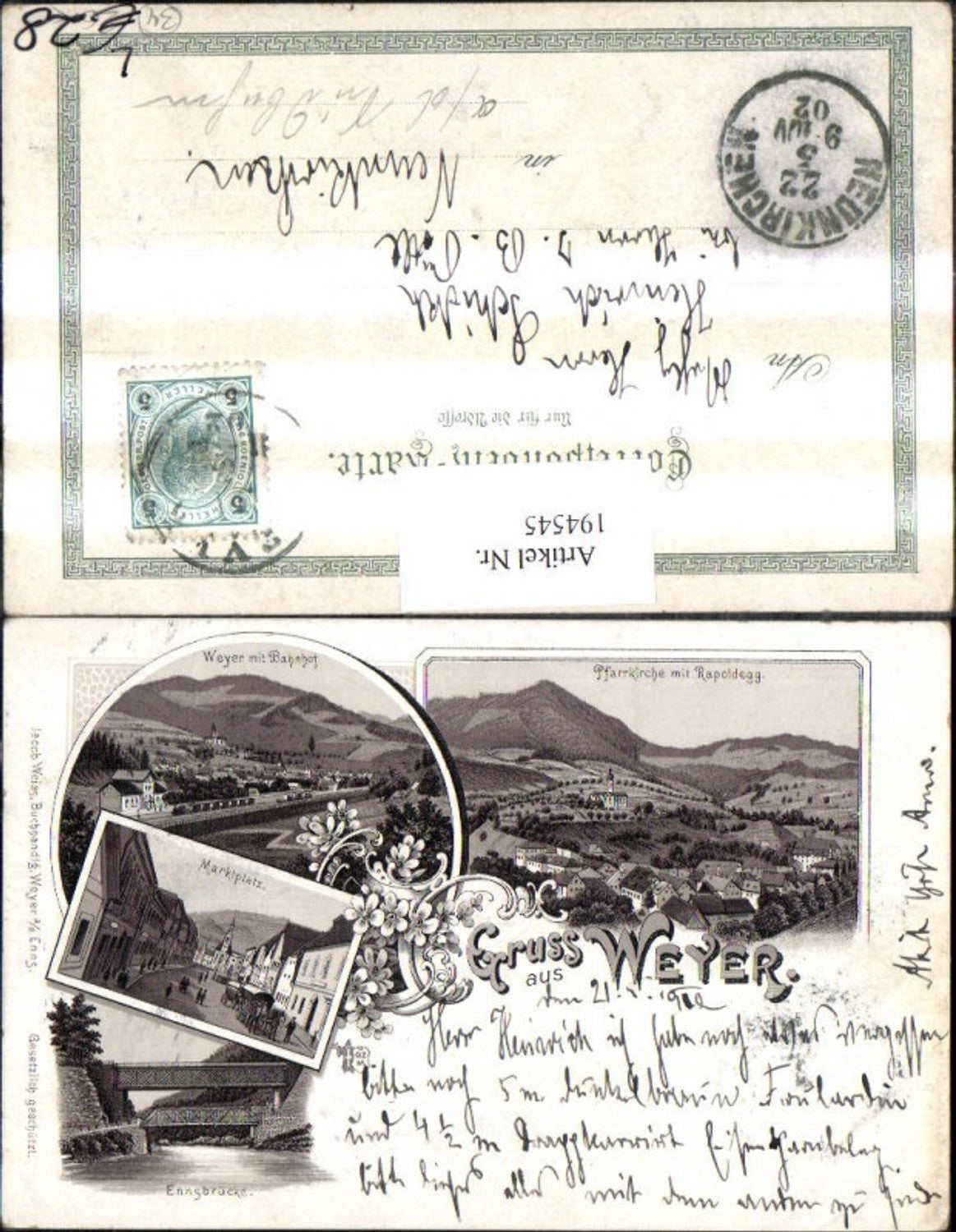 194545,Litho AK Gruß aus Weyer Bahnhof Pfarrkirche m. Rapoldegg Marktplatz Ennsbrücke Mehrbildkarte