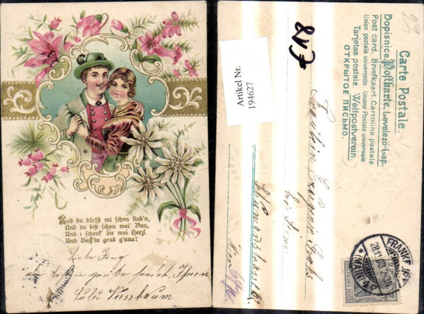 194627,Liebe Präge Litho Paar Umarmunng Blumen Spruch