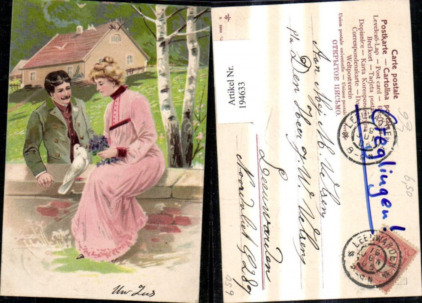 194633,Liebe Präge Litho Frau sitzt a. Mauer Mann Taube Blumen