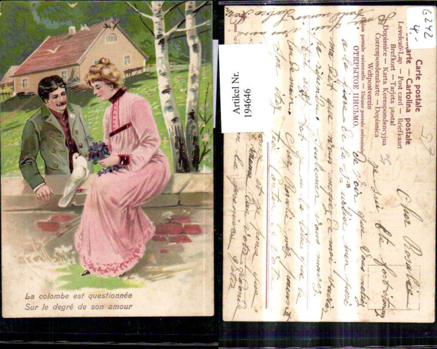 194646,Liebe Präge Litho Frau sitzt a. Mauer Mann Taube Blumen