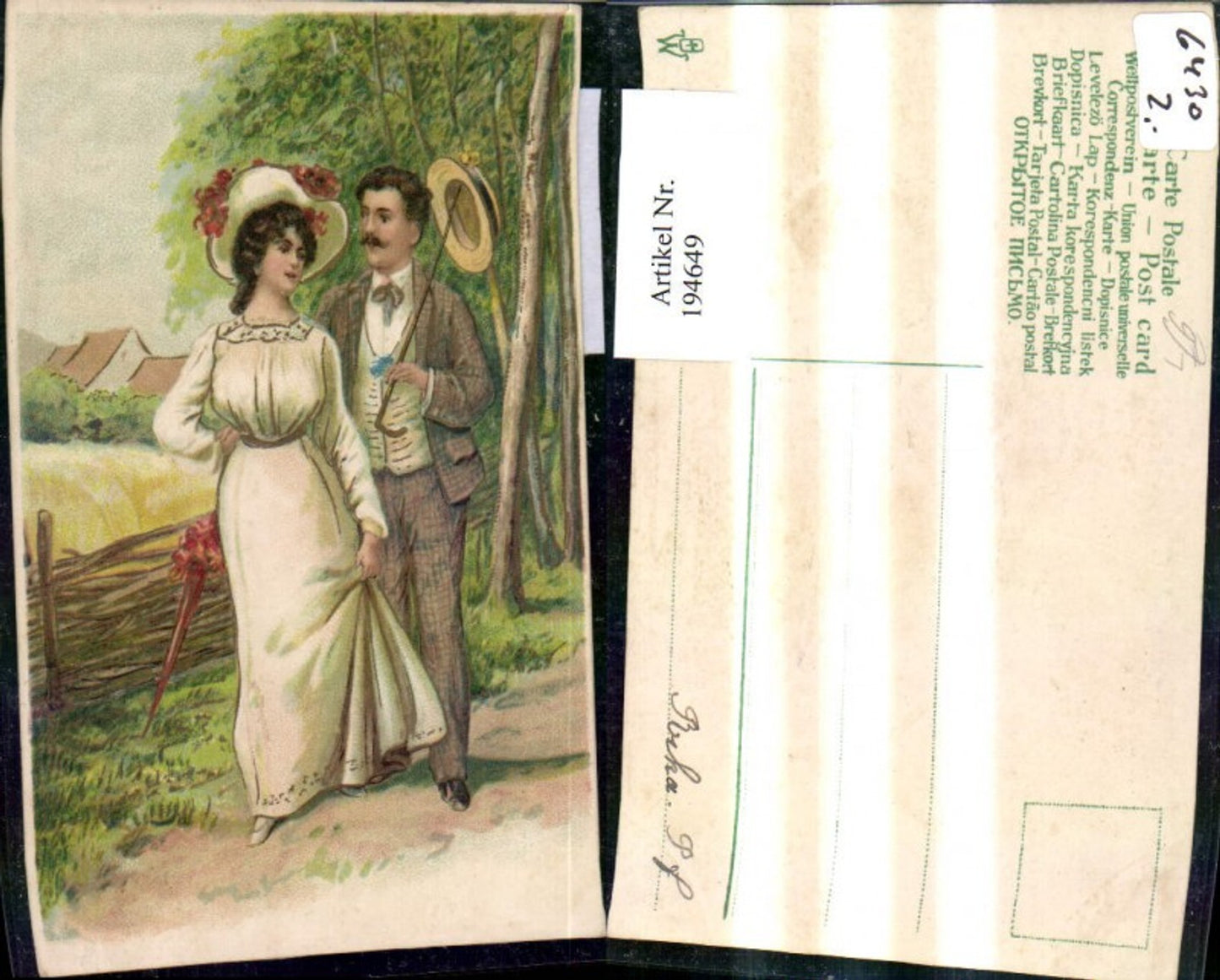194649,Liebe Präge Litho Paar d. Wald Sonnenschirm Hut Spruch Text
