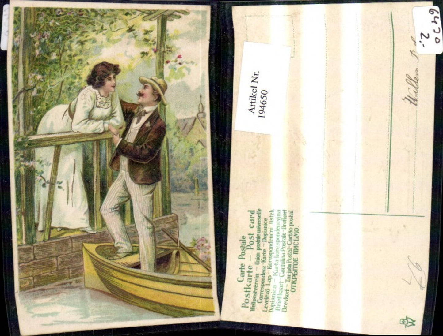 194650,Liebe Präge Litho Frau a. Terrasse umarmt Mann stehend i. Ruderboot Boot davor