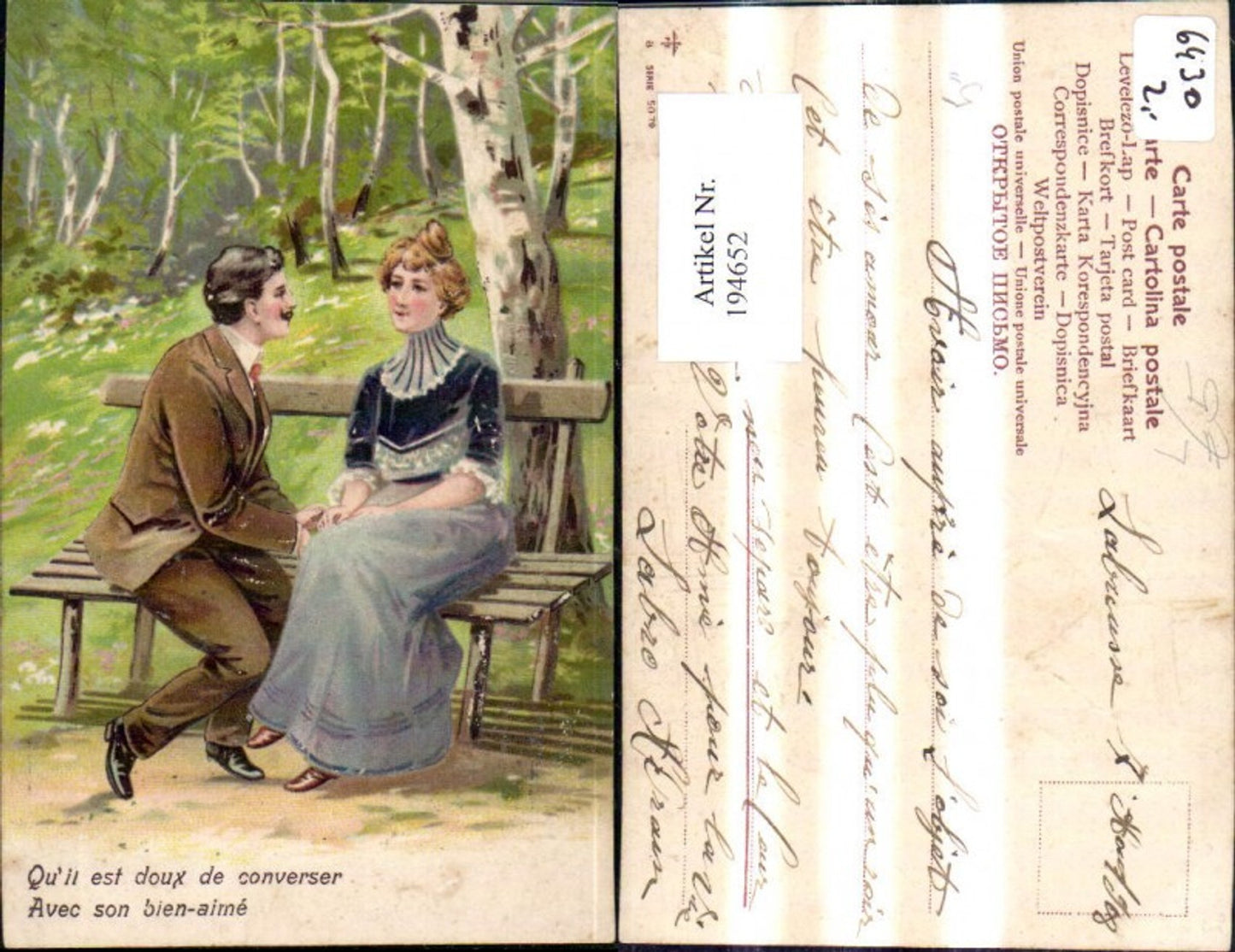 194652,Liebe Präge Litho Paar sitzt a. Bank Wald i. Hintergrund Spruch Text