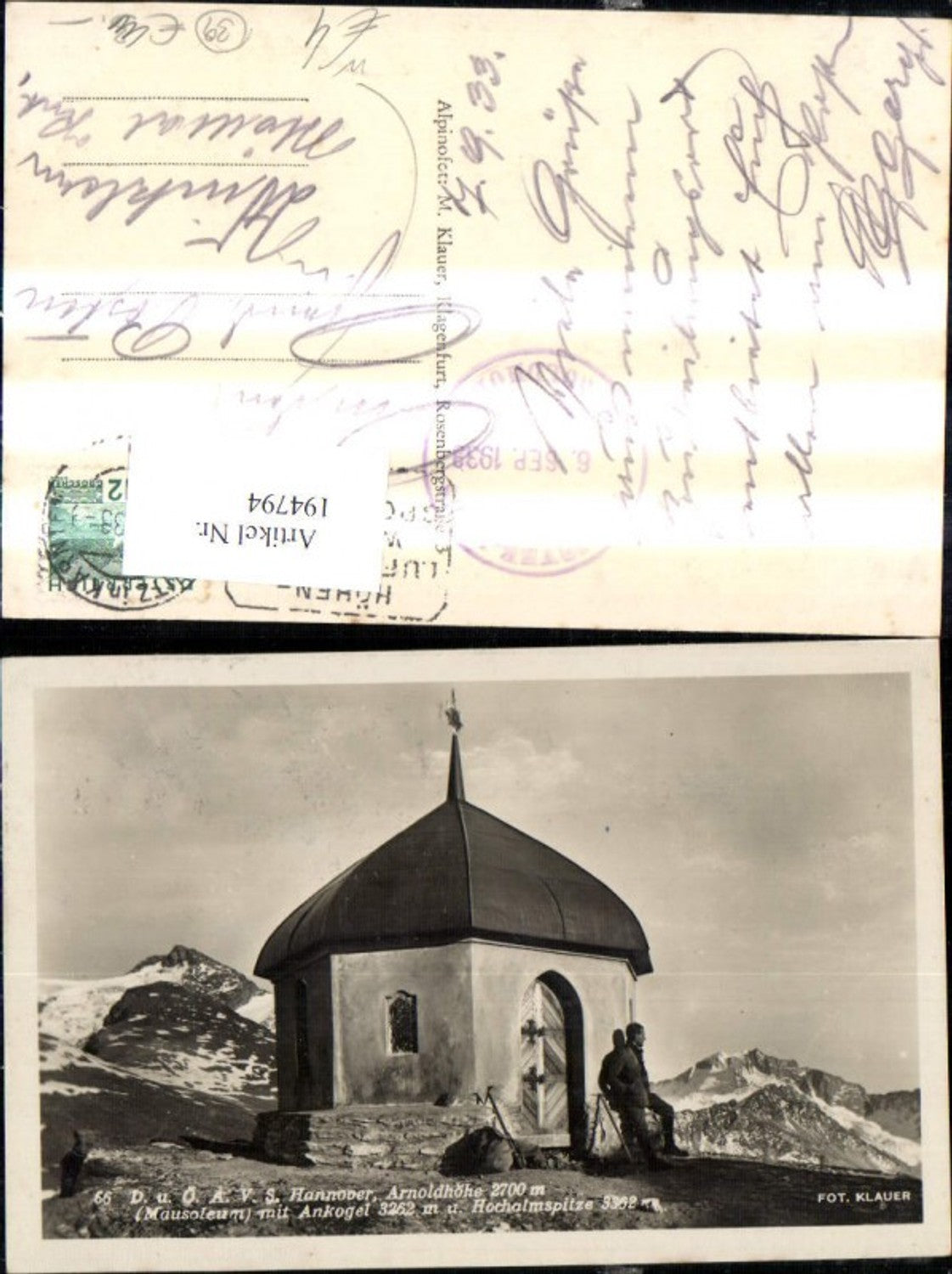 194794,Arnoldhöhe Mausoleum m. Ankogel Hochalmspitze Ansicht m. Bergsteiger Wanderer Hannover Haus Mallnitz