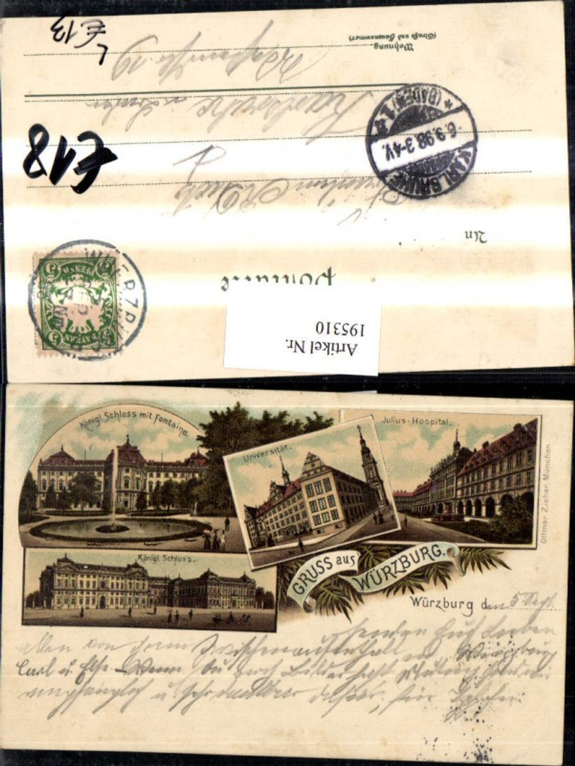 195310,Litho Würzburg Königl. Schloss m. Fontaine Julius Hospital
