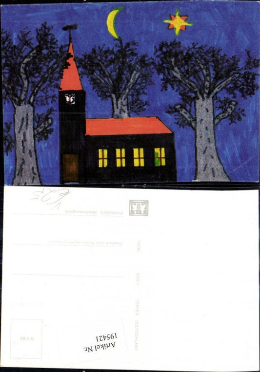 195421,SOS Kinderdorf W 5/89 Zeichnung Kirche b. Nacht Baum Sterne Mond