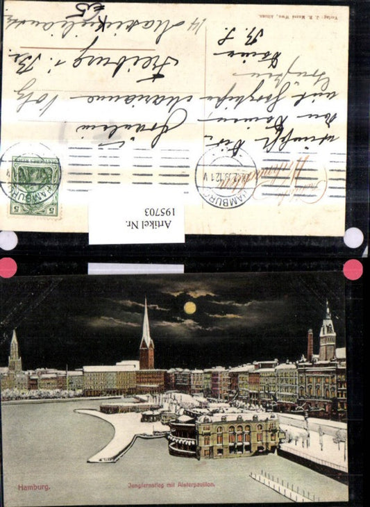 195703,Künstler AK Hamburg Jungfernstieg m. Alsterpavillon b. Nacht Mondschein Mond