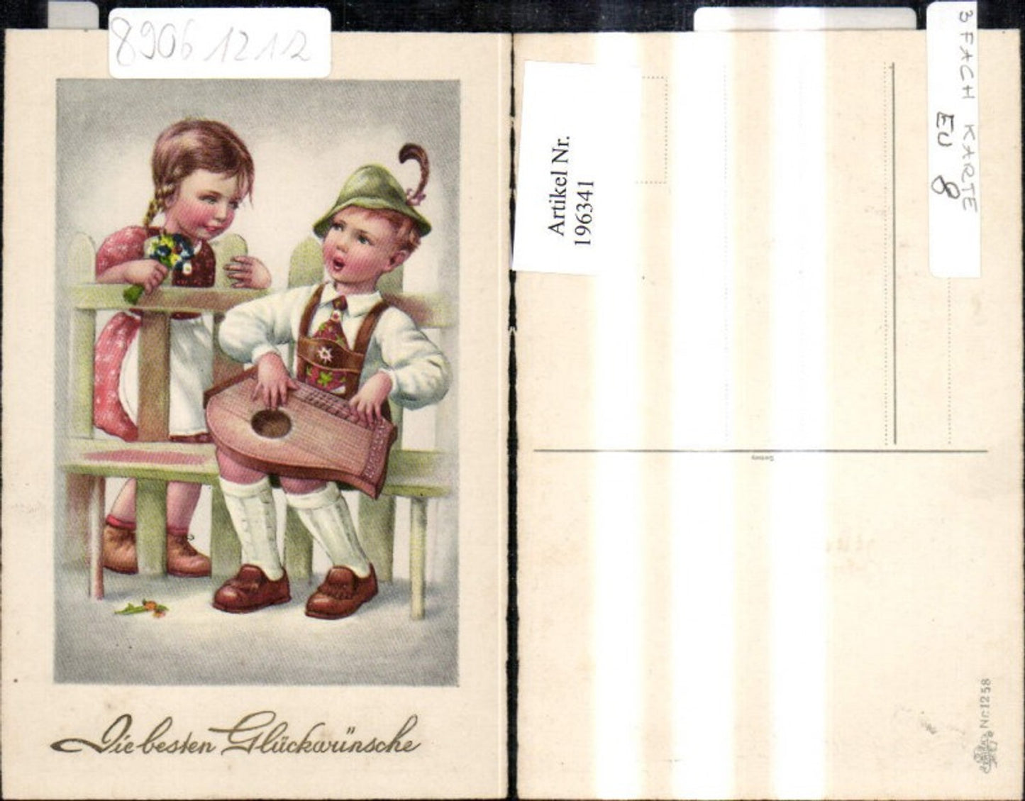 196341,Kind Kinder Mädchen Bub Junge m. Mandoline Blumen a. Bank b. Zaun