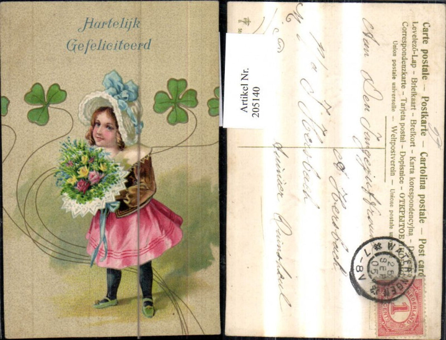 205140,Embossed Ak Hartelijk Gefeliciteerd Mädchen m. Blumen Bouquet Kleenblätter