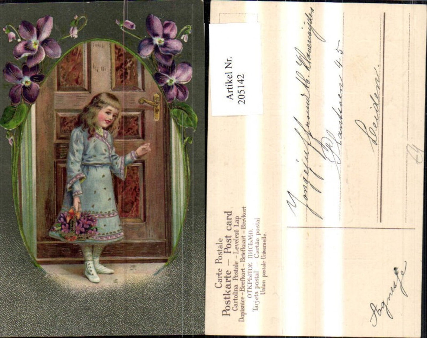 205142, Embosser Ak Girl knocks on door Flower basket Passepartout Gold decoration