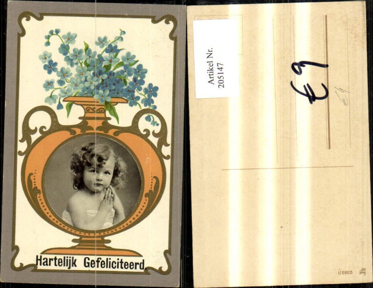 205147,Embossed Ak Hartelijk Gefeliciteerd Girl Portrait in Vase Flowers Gold Ornament