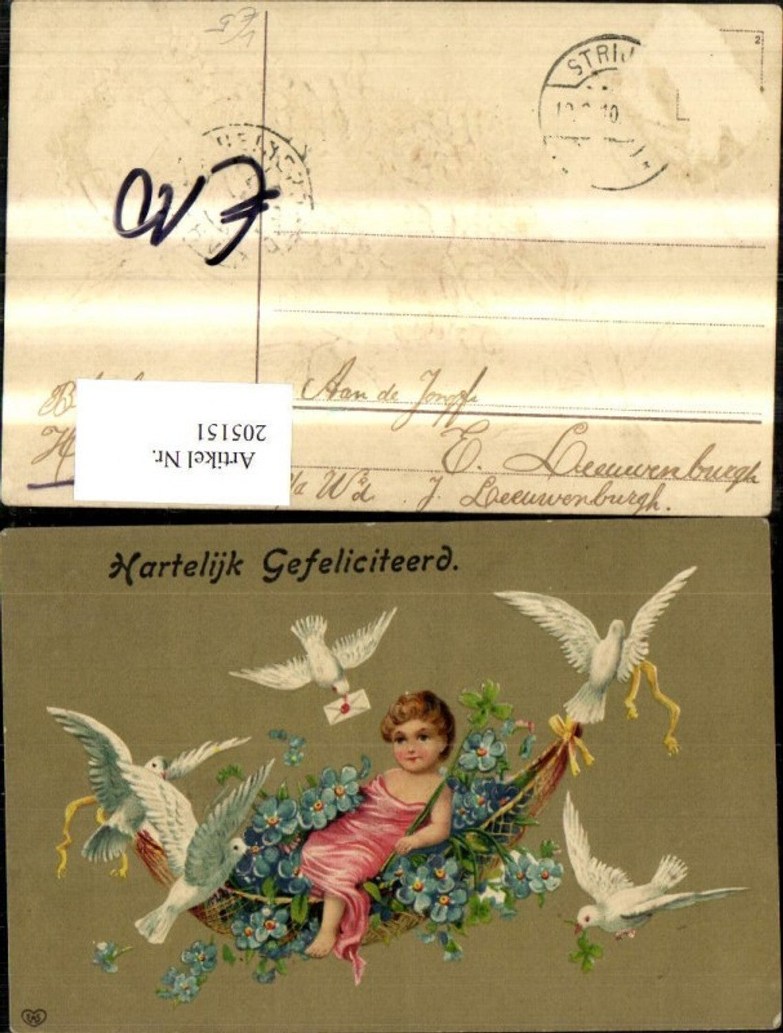 205151, Embosser Lithograph Congratulations Child on hammock, carried by doves, flowers, letter, envelope