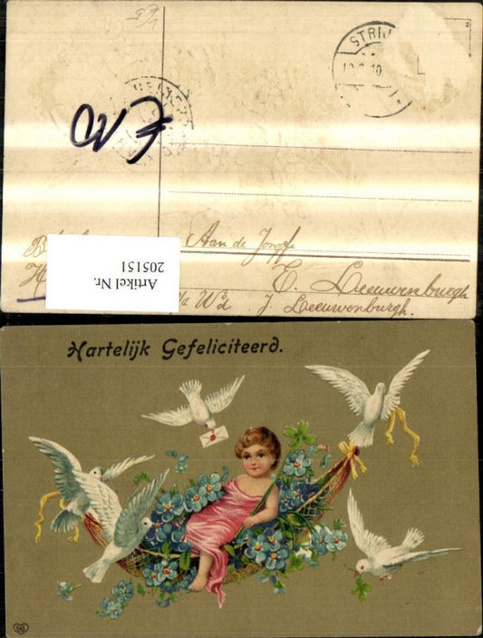 205151, Embosser Lithograph Congratulations Child on hammock, carried by doves, flowers, letter, envelope