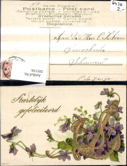 205156, embossed Ak Hartelijk Gefeliciteerd flowers violets anchor gold ornament