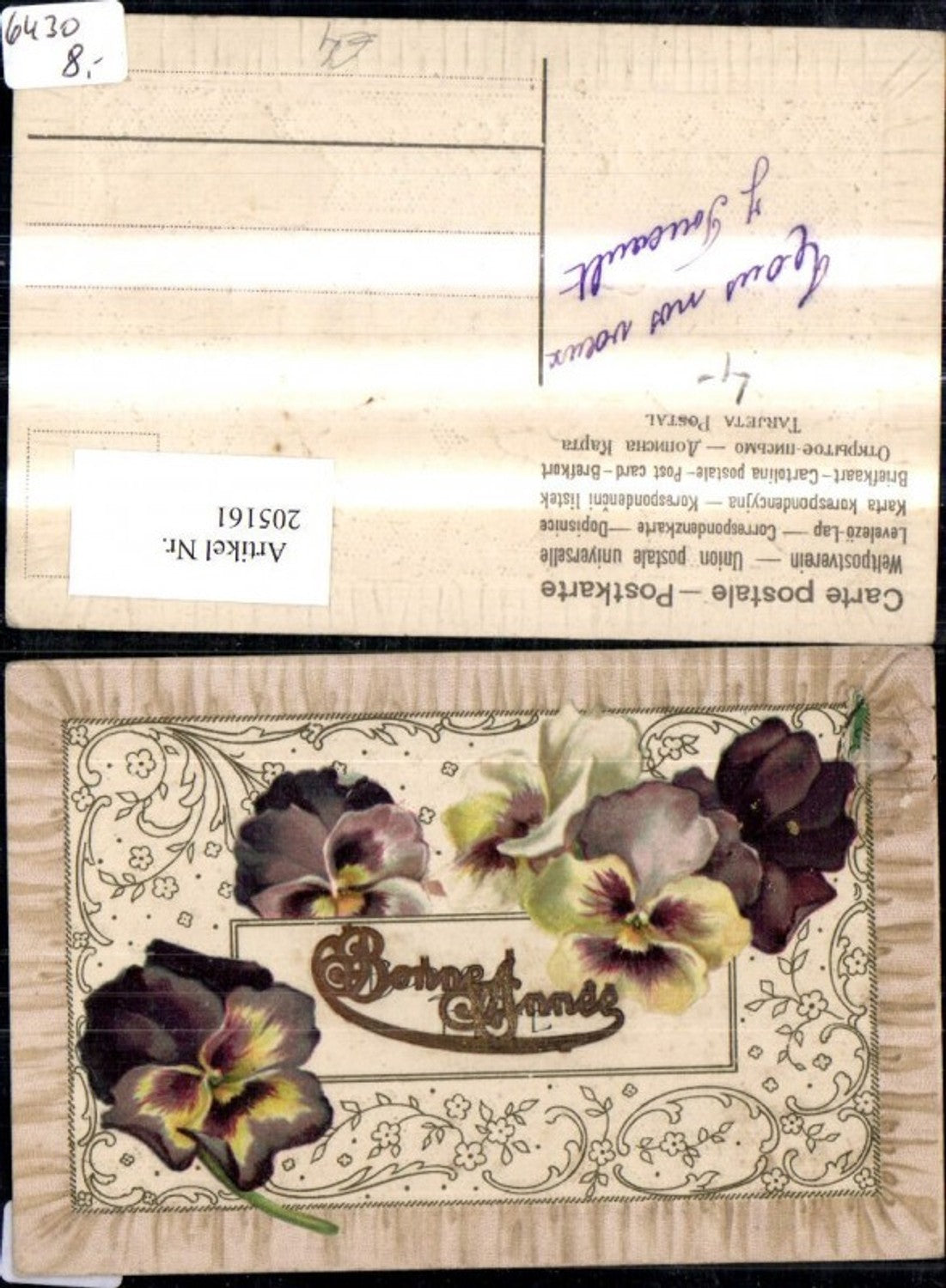 205161,Präge Ak Bonne Annee Blumen Stiefmütterchen Ranke Ornament Goldverzierung