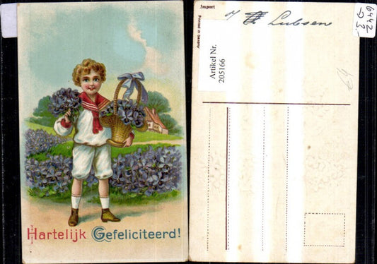 205166,Präge Ak Hartelijk Gefeliciteerd Junge Bub i. Matrosenanzug Korb Blumen Strauß