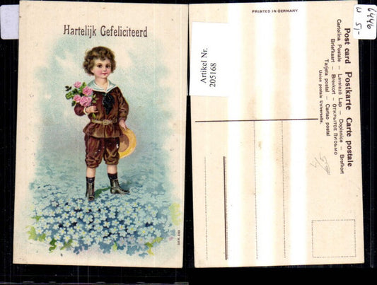 205168,Präge Litho Hartelijk Gefeliciteerd Junge Bub Matrosenanzug Rosen Hut Blumen