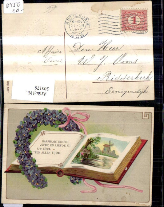 205176,Präge Ak Offenes Buch Landschaft m. Windmühle Blumen Hufeisen Schleife Spruch Text