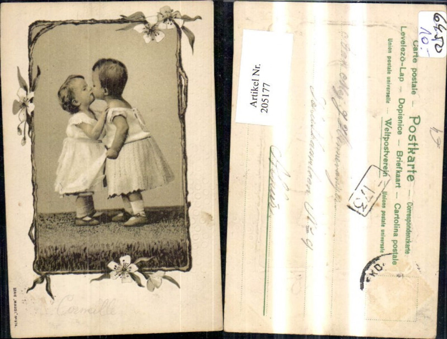 205177,Präge Ak Küssende Kinder Mädchen Passepartout Blumen