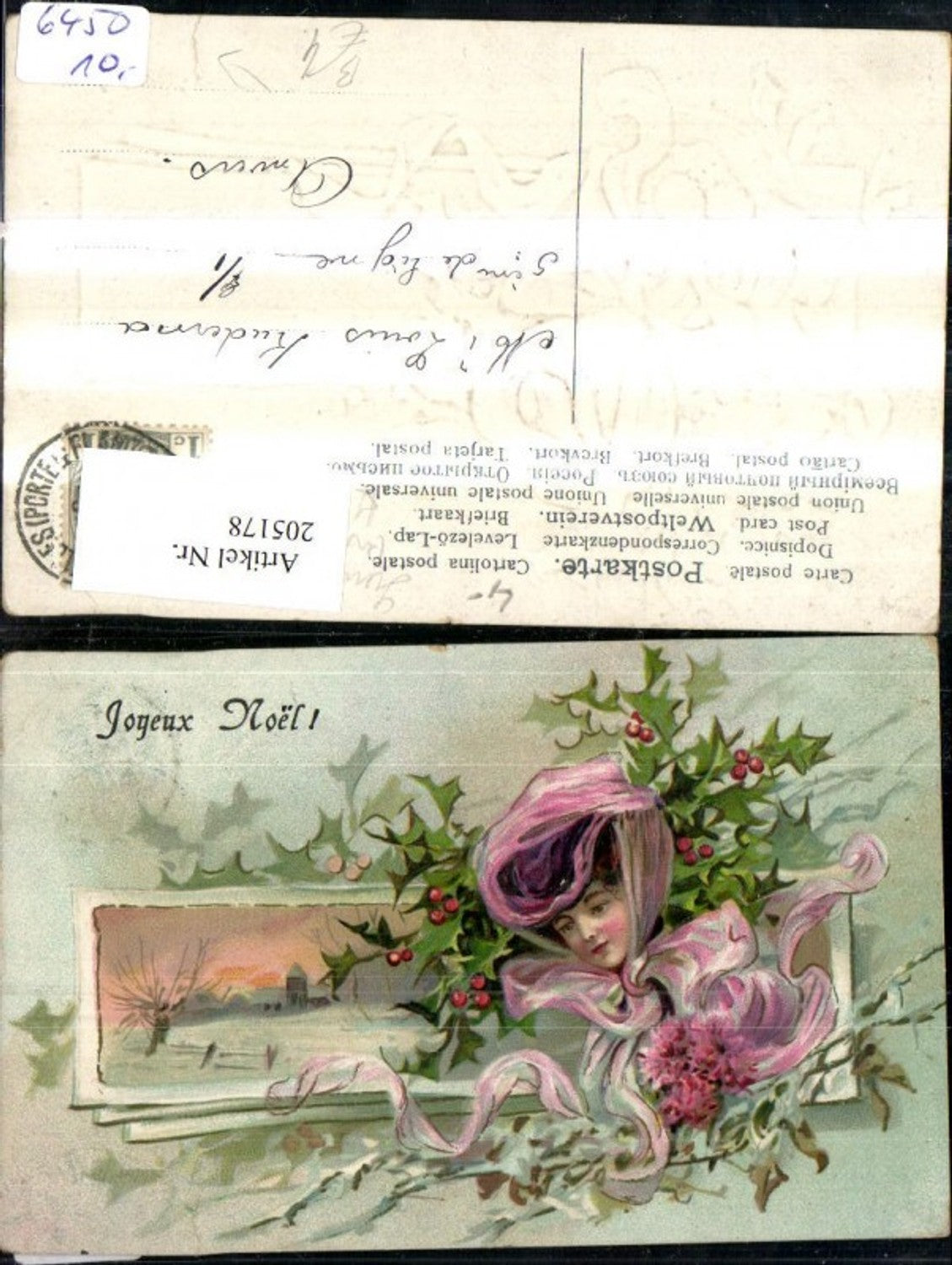 205178,Präge Ak Joyeux Noel Fraukopf m. Hut Schleier Winterdorf Stechpalme Zweig
