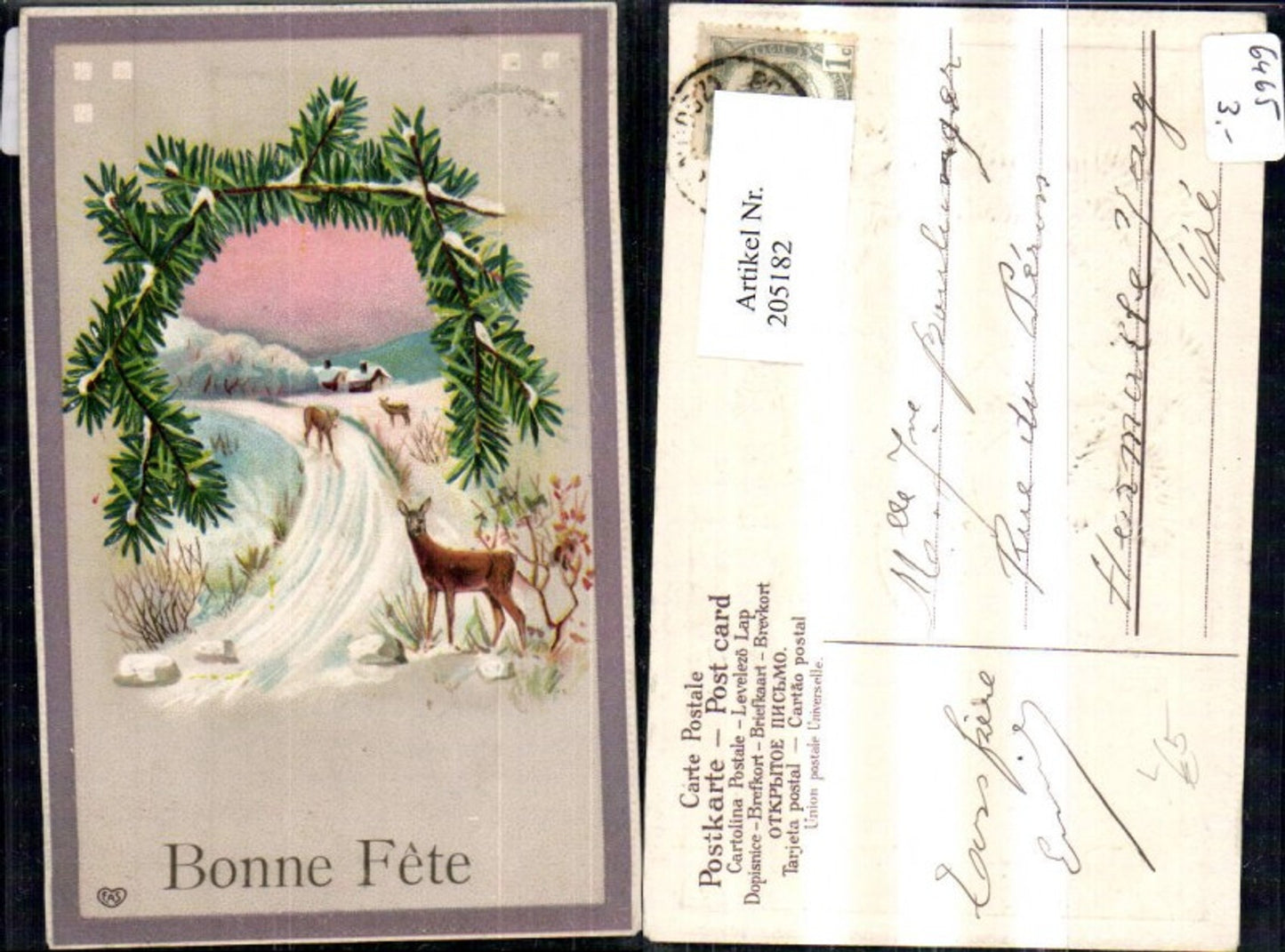 205182,Präge Litho Winterlandschaft Dorf Rehe Wild Hirsche Tannen Zweig Bonne Fete pub EAS