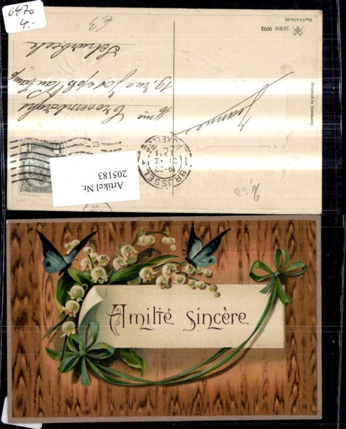 205183,Präge Ak Papierrolle Amitie sincere Schleife Schmetterling Maiglöckchen