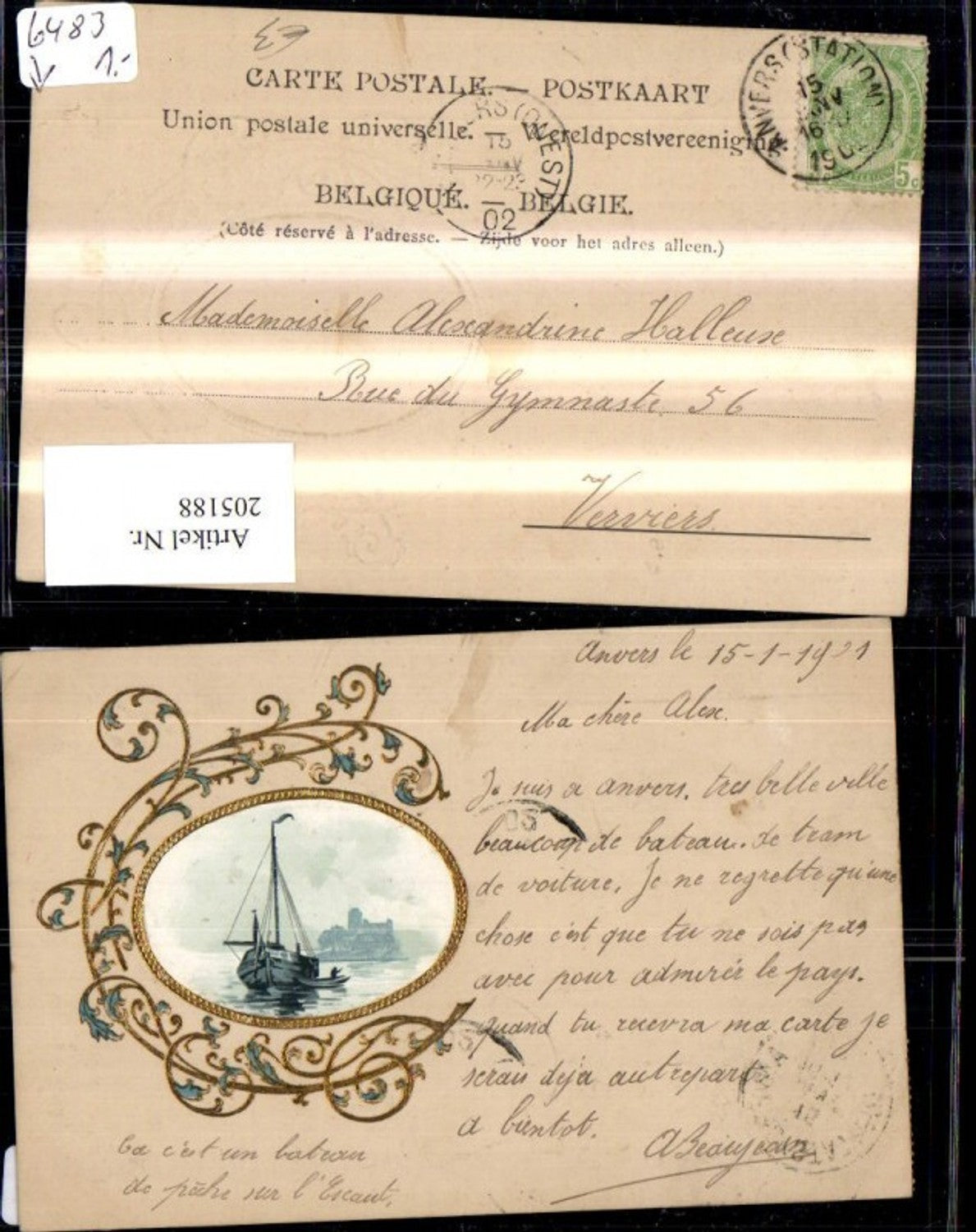 205188,Präge Ak Segelschiff Boot Passepartout Goldverzierung Ranke