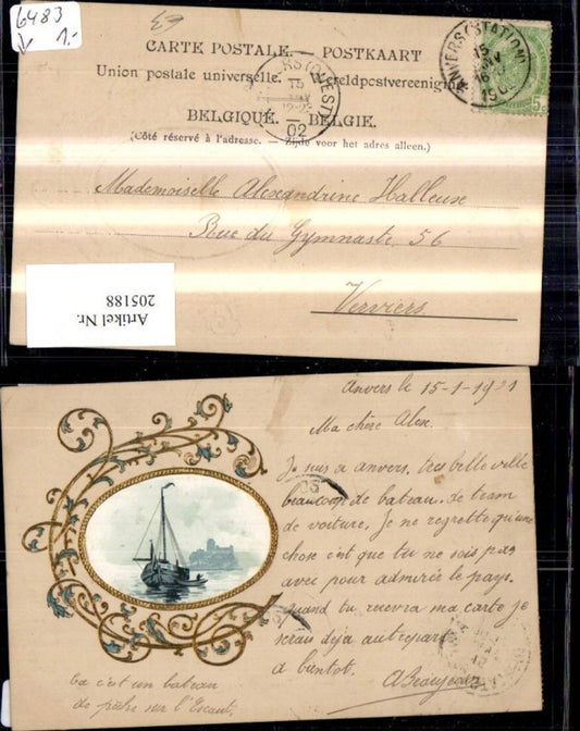 205188,Präge Ak Segelschiff Boot Passepartout Goldverzierung Ranke