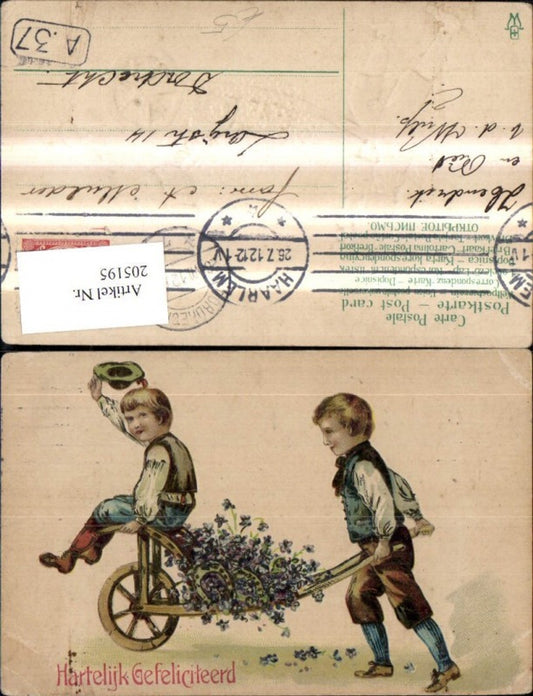 205195, embossed postcard of children, boys, with wheelbarrow, flowers, horseshoe, hat. Congratulations!