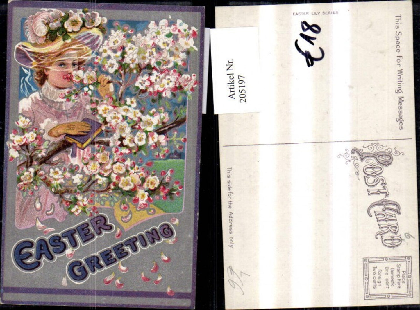 205197,Präge Litho Easter Greeting Frau m. Hut Buch Handschuh m. Blüten Zweig Silberverzierung