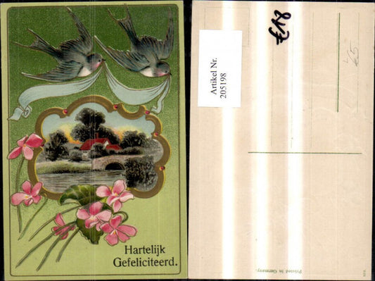 205198, Embosser Lithograph Hartelijk Gefeliciteerd Landscape with House Bridge Passepartout Swallows Birds Flowers