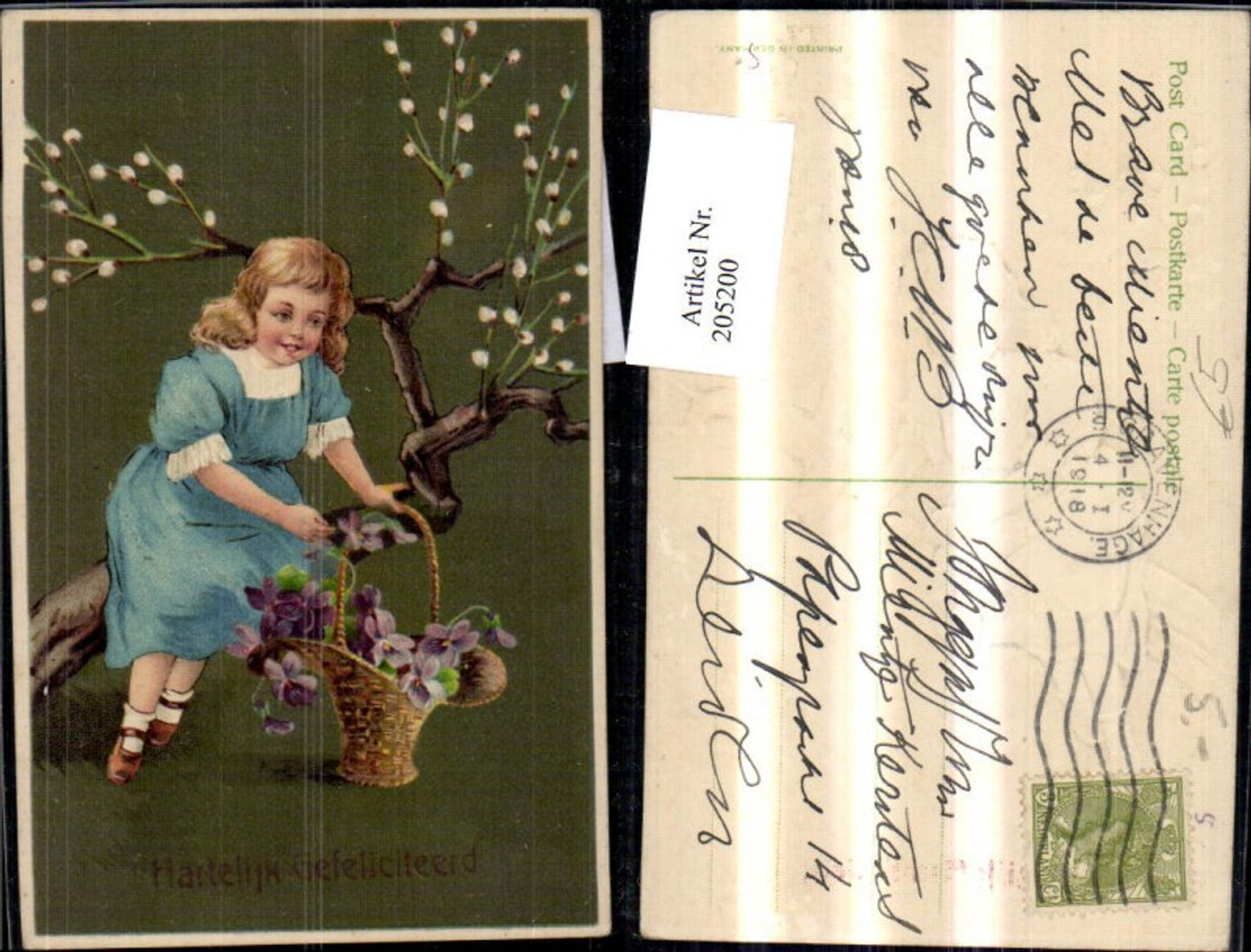205200,Embossed Ak Girl with Basket Flowers Violets on Branch Congratulations