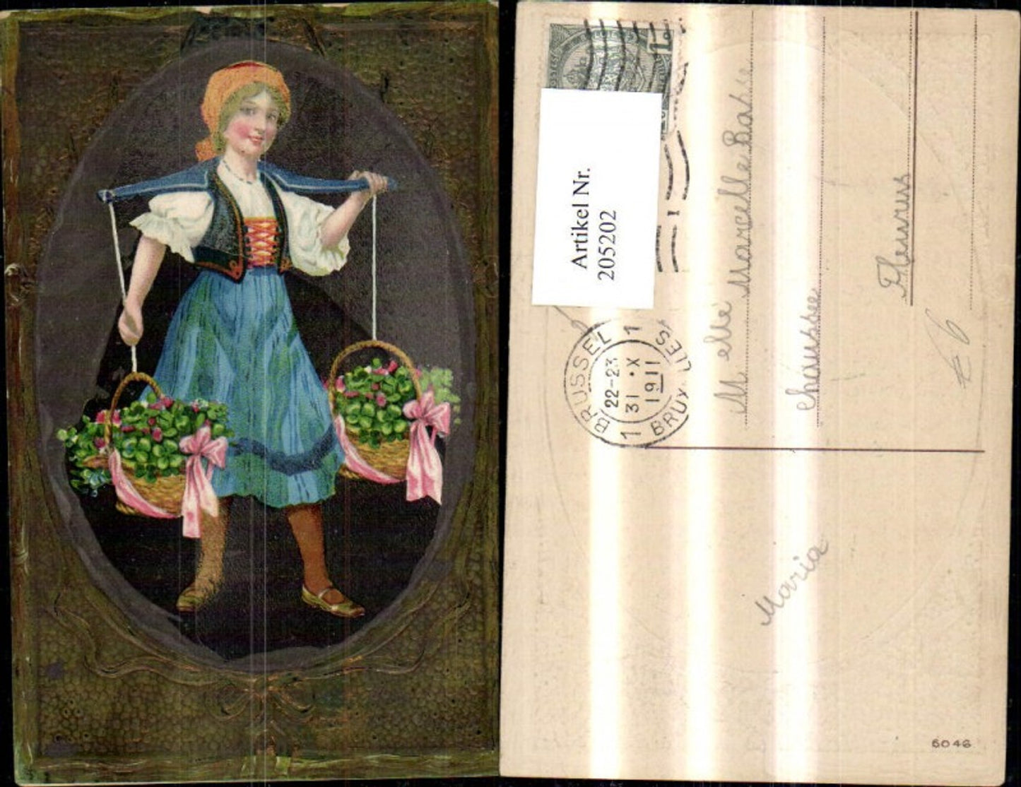205202, embossed postcard of a woman carrying baskets with a yoke, carrying pole, clover, passe-partout