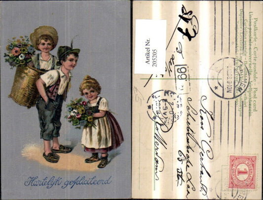 205205,Embossed postcard Children with basket, hamper, bouquet of flowers, silver card, Hartelijk Gefeliciteerd