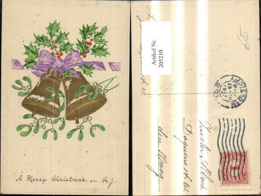 205210, embossed lettering with bells, ribbon, holly, mistletoe branch, gold trim, Merry Christmas