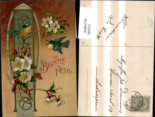 205212, Embosser Lithograph Bonne Fete Branch Flowering Branch Bird Birds