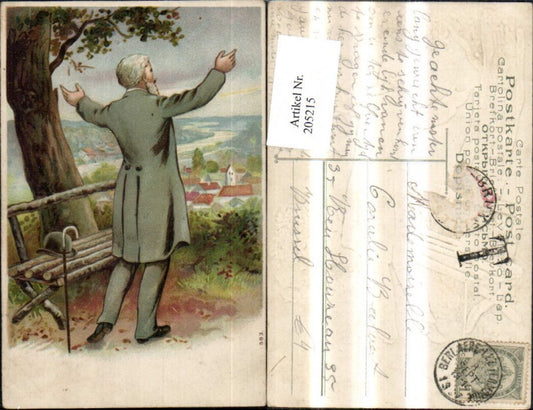205215, embossed postcard of a man with open arms by a tree in front of a village, walking stick, bench, hat