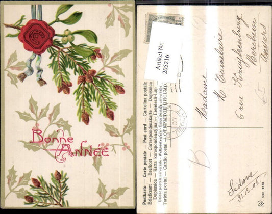 205216, embossing Ak Bonne Annee fir trees mistletoe branches wax seal ribbon
