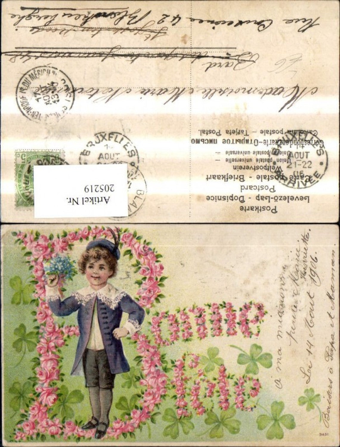 205219, Embosser Lithograph Boy Bonne Fete Floral Script Roses Clover Clover Leaves