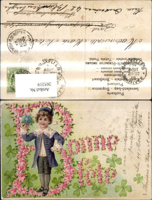 205219, Embosser Lithograph Boy Bonne Fete Floral Script Roses Clover Clover Leaves