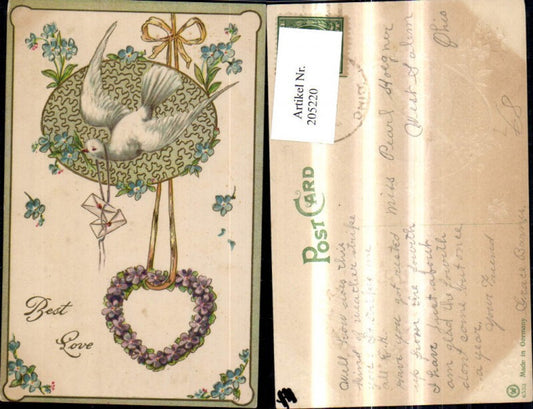 205220, Embossed Lithograph Dove Carrier Pigeon Envelope Letter with Ribbon Flower Heart Flowers Best Love