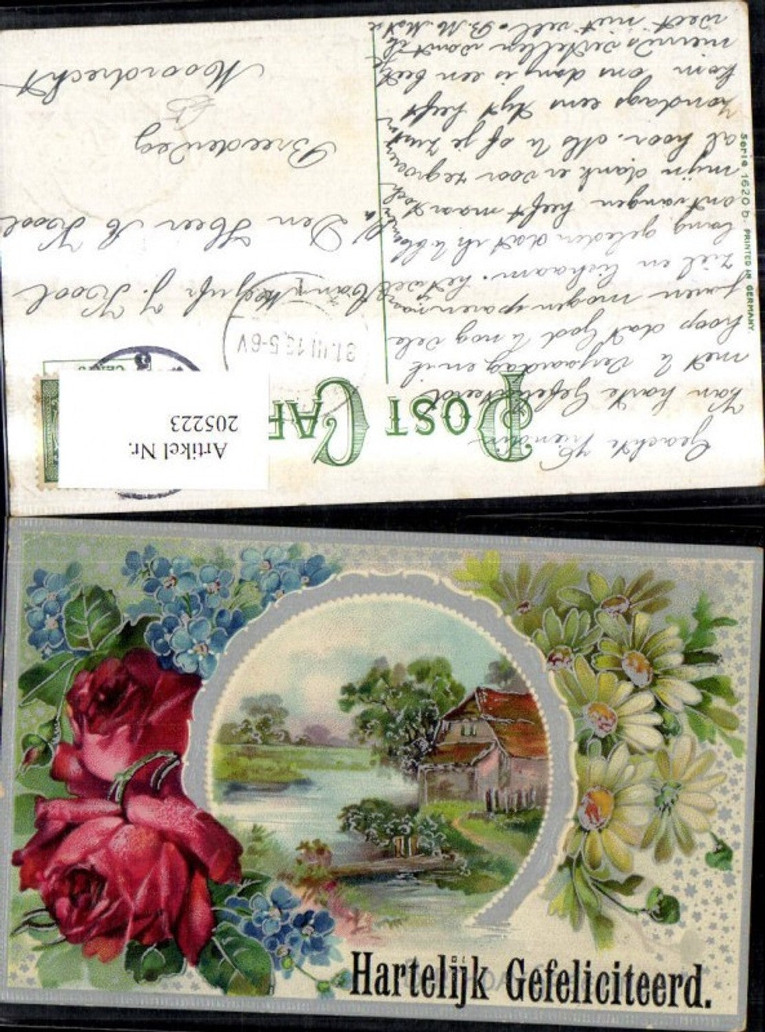 205223,Embossed Ak Hartelijk Gefeliciteerd Landscape Passepartout Roses Flowers Silver Ornament